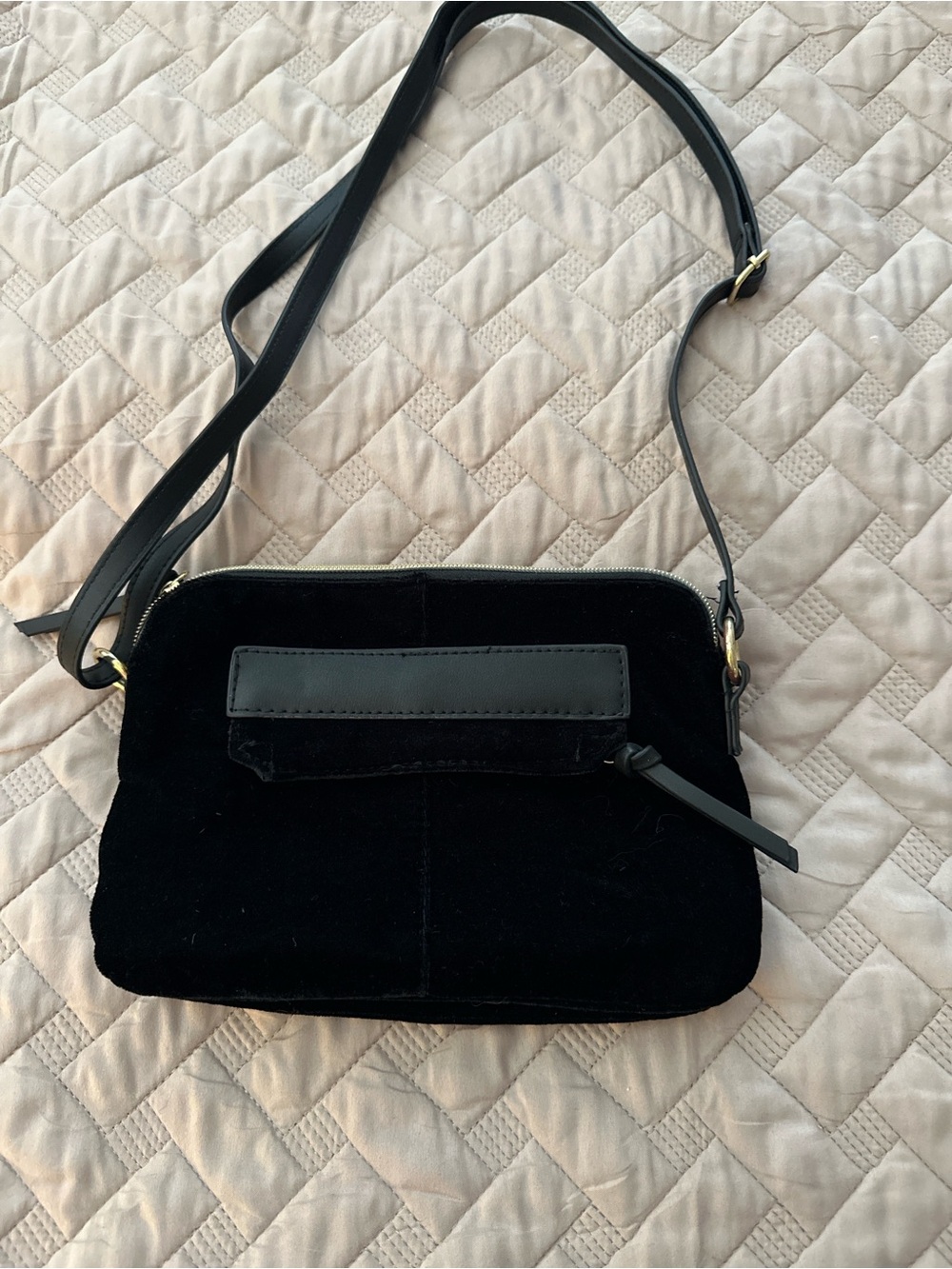 Black Velvet Crossbody Bag Gold Zipper Minimal Chic Small Purse